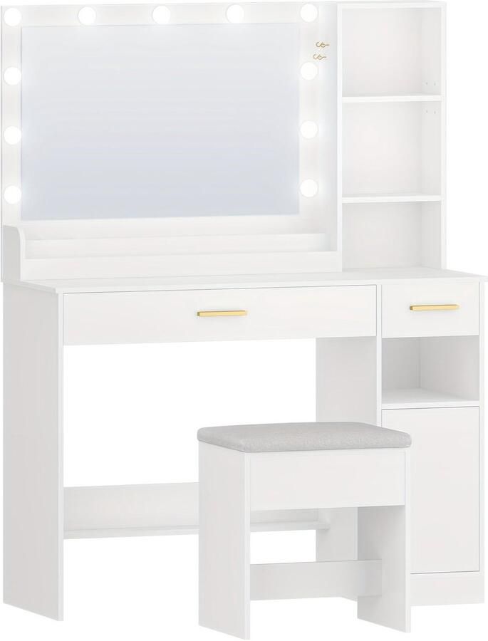 Corenia Kaptafel – Make-up Tafel – Cosmeticatafel – Opmaaktafel – Meubel – Grote HD Spiegel – 11 LED Verlichting Met Dimbare Driekleurige Lichtstanden – 5 Laden & 2 Kastjes – Wit – 40x108x149 cm