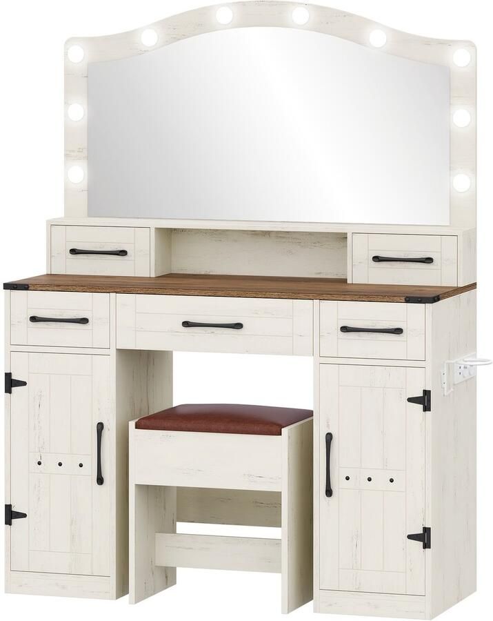 Corenia Kaptafel – Make-up Tafel – Cosmeticatafel – Opmaken Tafel – Vanity Table – Met Spiegel en LED Verlichting – 108 cm Breed – Inclusief Krukje en Stopcontact