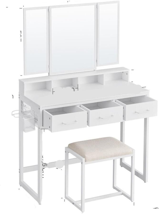 Corenia Kaptafel – Make-up Tafel – Cosmeticatafel – Opmaktafel – Opbergtafel – Wit – Drieluikspiegel – 3 Lades – Föhnhouder – Stijlvol Met Metalen Frame