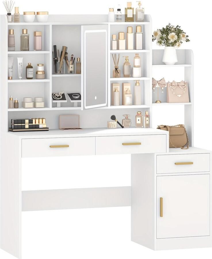 Corenia Kaptafel – Make-up Tafel – Cosmeticatafel – Vanity Tafel – Opmaaktafel – Met Spiegel en LED-Verlichting – Ruim Opbergmeubel 130x40x149 cm – MDF en Spaanplaat