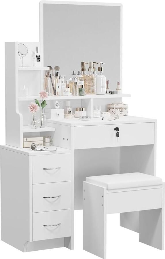 Corenia Kaptafel – Make-up Tafel – Dressing Table – Cosmeticatafel – Hoektafel – Met Spiegel en Kruk – 3 Lades en Open Planken – Compact Hout Kunststof