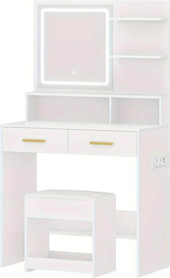 Corenia Make-up Tafel – Schminktisch – Beautytafel – Vanity Table – Make-up Bureau – Wit – Verstelbare LED-Verlichting – Stopcontacten & USB-Poorten