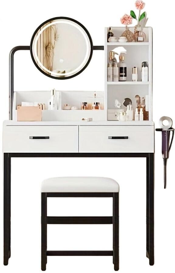 Corenia Kaptafel – Make-up Tafel – Dressingtafel – Cosmeticatafel – Opmaaktafel – Wit – Ruime Spiegel – Duurzame Bamboe Constructie