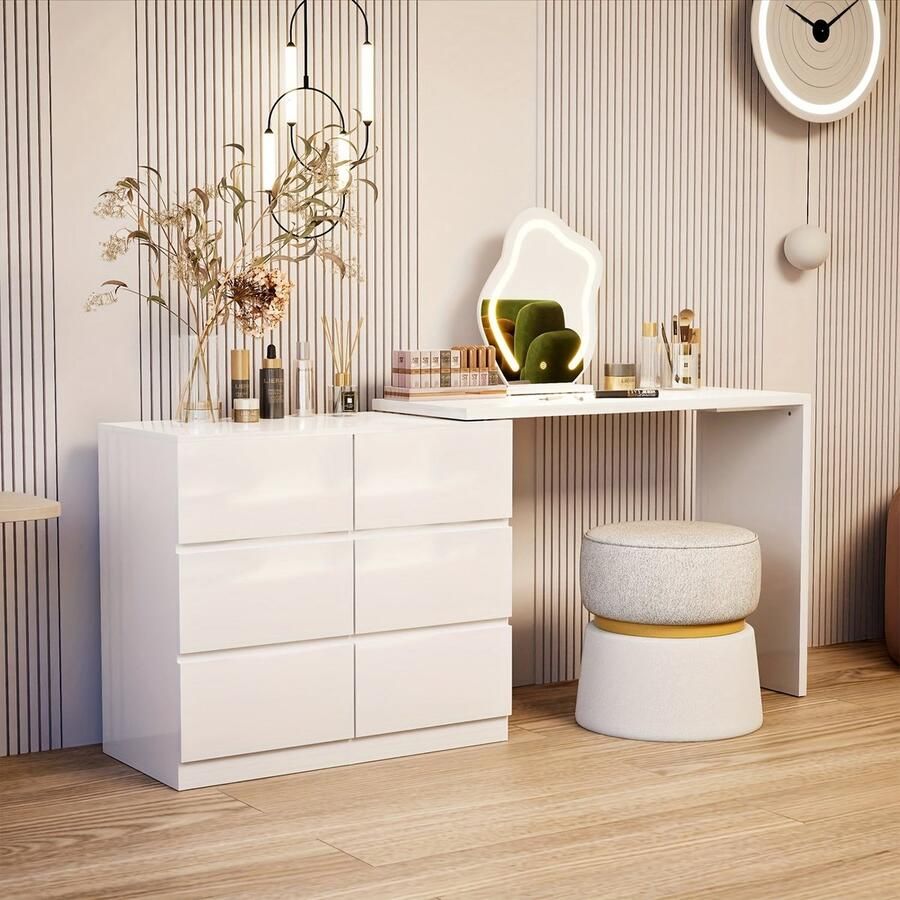 Corenia Kaptafel – Make-up Tafel – Dressoir – Opmaaktafel – Houten Kaptafel – Uitbreidbaar & Draaibaar Tafelblad – 6 Geluidsarme Lades – Wit