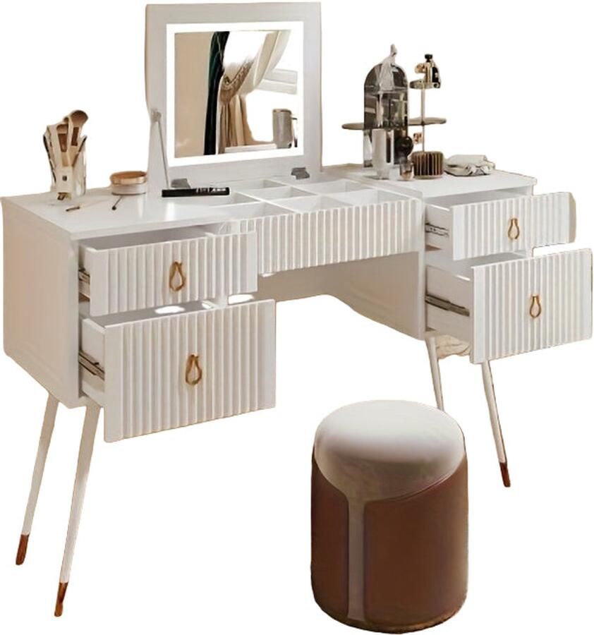 Corenia Kaptafel – Make-up tafel – Dressoir – Toiletmeubel – Schminktafel – Wit bamboe – Ruime opbergruimte – Verborgen spiegel