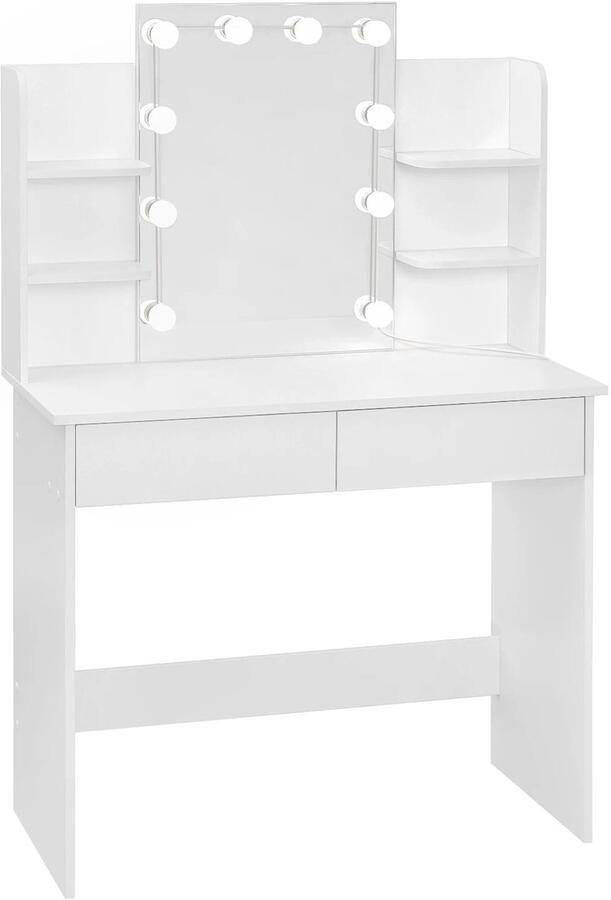 Corenia Kaptafel Make-up Tafel Kaptafel met Spiegel en Verlichting 90x40x135 cm 2 Lades 4 Opbergplanken Verstelbare Verlichting LED Spiegel 75 kg Wit