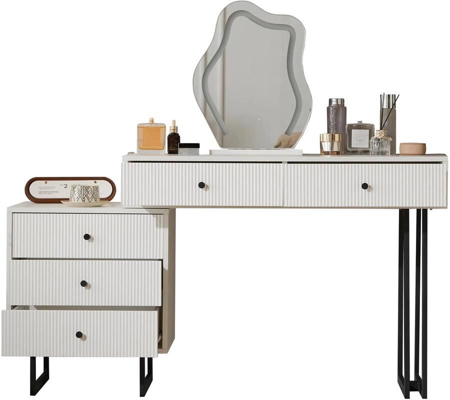 Corenia Kaptafel – Make-Up Tafel – Make-Upkast – Schoonheidstafel – Meubel – 3-Kleuren LED-Verlichting – Vijf Lades