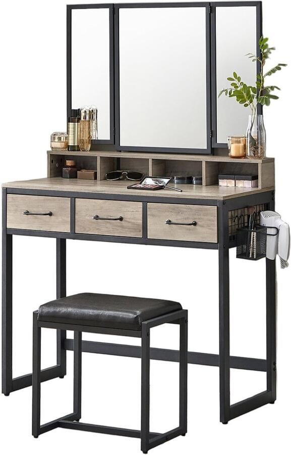 Corenia Kaptafel – Make-up Tafel – Opmaaktafel – Cosmetica Tafel – Schoonheidstafel – Industriële Stijl – Drie Lades & Driedelige Spiegel