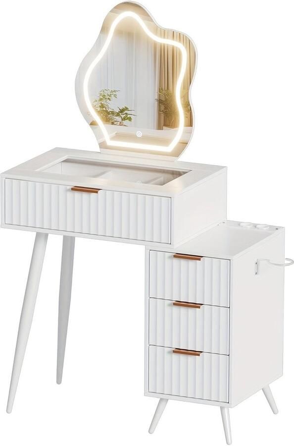 Corenia Kaptafel – Make-up Tafel – Opmaaktafel – Cosmeticatafel – Witte Kaptafel – Glazen Blad – 4 Lades – 80x40x128 cm