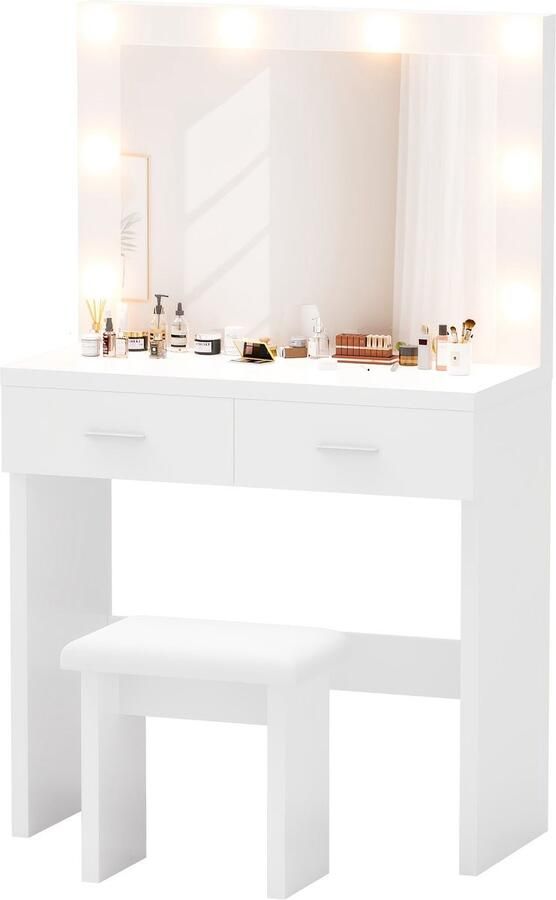 Corenia Kaptafel – Make-up Tafel – Opmaaktafel – Dresser – Cosmeticatafel – Wit – LED-Verlichting Verstelbaar – 2 Laden Opbergruimte