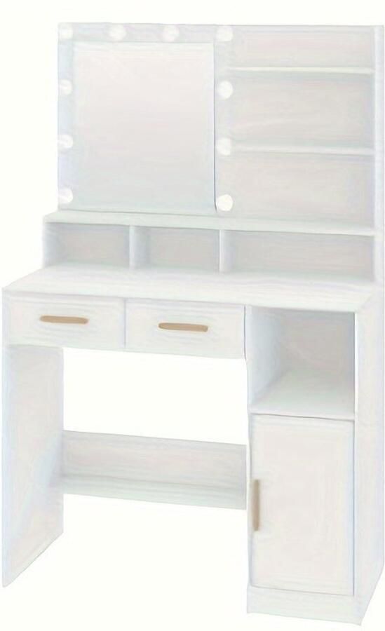 Corenia Kaptafel – Make-up Tafel – Vanity – Dressing Table – Cosmeticatafel – Met Spiegel en 10 LED Lampen – Verstelbare Helderheid – 2 Lades & 1 Kast – 3 Planken & 4 Open Vakken – Wit – MDF