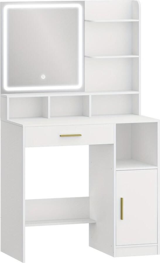 Corenia Kaptafel – Make-up Tafel – Opmmaaktafel – Vanity – Cosmetictafel – Met Spiegel en LED-verlichting – 3 Lade & 4 Vakken – 3 Lichtstanden – Wit 80x40x140 cm