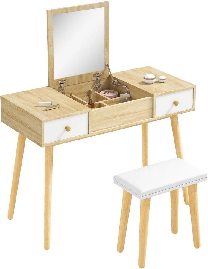 Corenia Kaptafel – Make-Up Tafel – Schminktisch – Slaapkamermeubel – Opbergruimte – 2 Lades – Zachte Kruk 100 x 45 x 118 cm