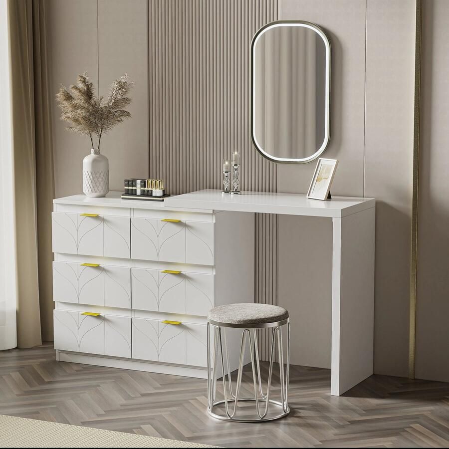 Corenia Kaptafel – Make-Up Tafel – Slaapkamermeubel – Opbergmeubel – Toilettafel – Zes Ruime Lades – Bloemmotief Tafelblad