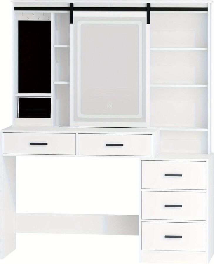 Corenia Kaptafel – Make-up Tafel – Vanity – Opmaktafel – Cosmeticatafel – Verstelbare LED Verlichting – Afneembare Grote Spiegel – Sieradenopslag – 5 Lades – Open Plank – Modern Wit – 120x40x150 cm