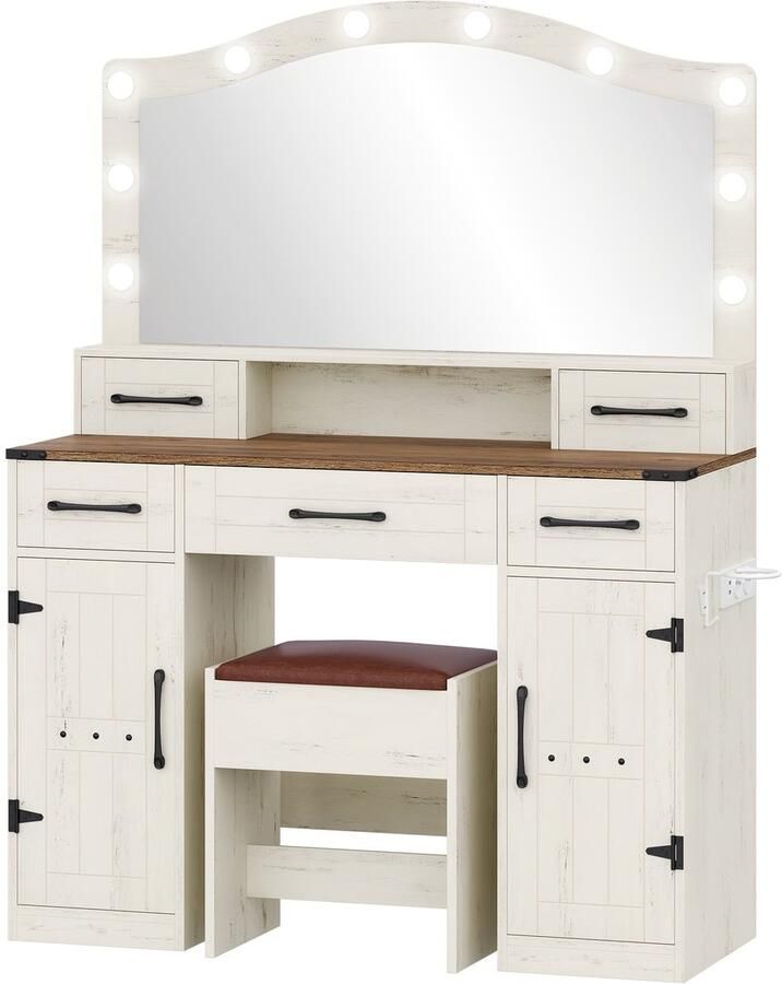 Corenia Kaptafel – Make-uptafel – Beautytafel – Schoonheidstafel – Toiletmeubel – Rustiek Bruin-Wit – Led-Verlichting Met 3 Lichtstanden – 5 Lades + 2 Kastdeuren Met Haardrogerhouder