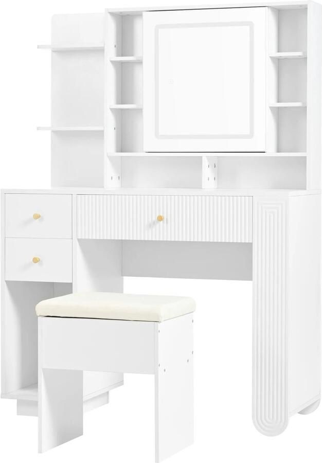 Corenia Kaptafel – Make-Uptafel – Cosmeticatafel – Make-Up Meubel – Witte Houtlook – 3-Kleurige Led-Verlichting – Inclusief Kruk