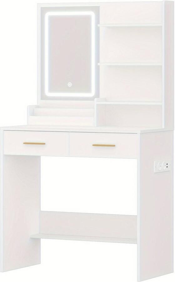 Corenia Kaptafel – Make-uptafel – Cosmeticatafel – Vanity – Opmaaktafel – LED Verlichting – 2 Lades & 2 USB Stopcontacten – Wit – 80x40x140 cm – Houtvezelplaat