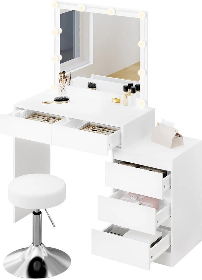 Corenia Kaptafel – Make-uptafel – Dressoir – Toilet – Schminktafel – Dimbare LED Spiegel – Verstelbare Kruk