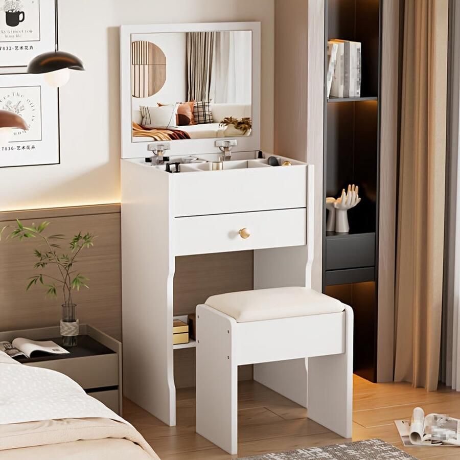 Corenia Kaptafel – Make-uptafel – Ladekast – Nachtkastje – Kapspiegel – Multifunctioneel 3-in-1 ontwerp – Duurzaam wit hout met gehard glas