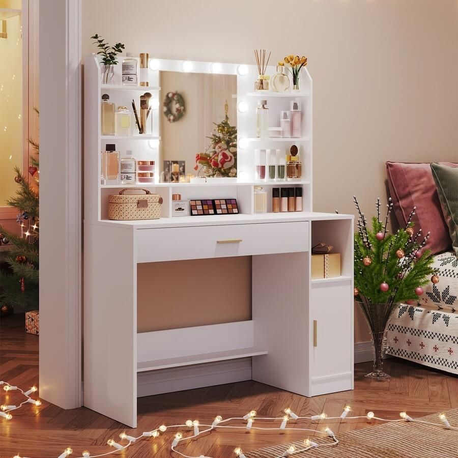 Corenia Kaptafel – Make-uptafel – Schminktafel – Dressing Table – Schoonheidstafel – Wit – Grote Tafelblad – Instelbare Verlichting