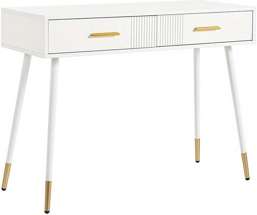 Corenia Kaptafel – Make-uptafel – Schminktisch – Dressing Table – Toilettafel – Wit – Met Metalen Gouden Poten – 2 Uitschuifbare Laden – Compact Formaat 40 cm Diep