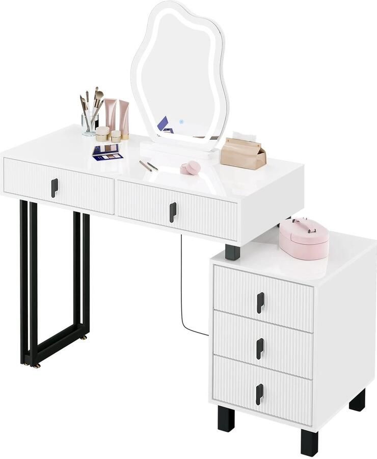 Corenia Kaptafel – Make-uptafel – Schminktisch – Dressing Table – Verlichte Kaptafel – Verstelbare LED-Spiegel – 5 Lades – Glanzend Wit MDF