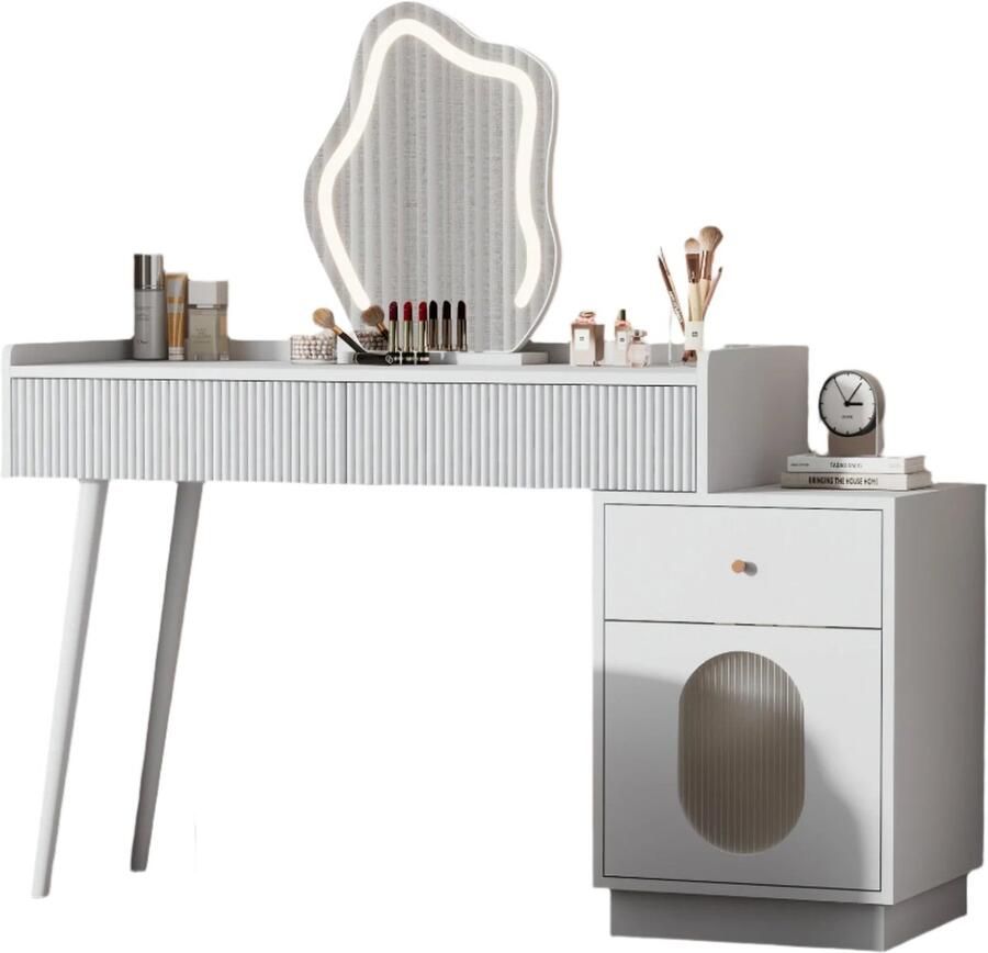 Corenia Kaptafel – Make-uptafel – Schminktisch – Verzorgingstafel – Witte Kaptafel – LED-Verlichting – Verstelbare Zijkast Wit
