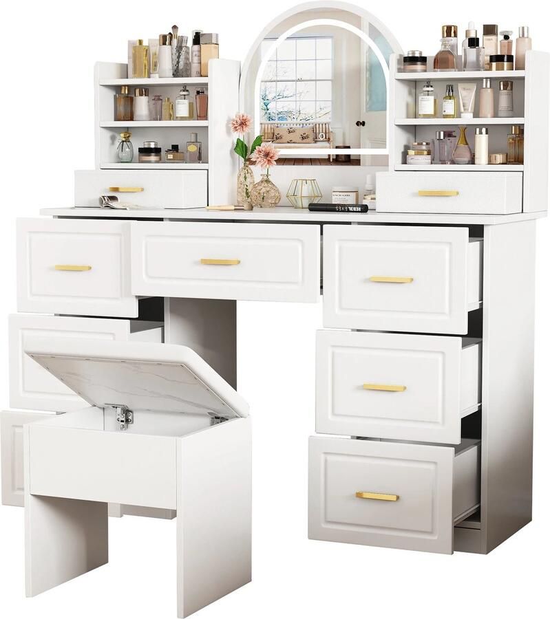 Corenia Kaptafel – Make-Up Tafel – Beautytafel – Schminktafel – 9 Laden – LED-Spiegel Met Lichtstanden