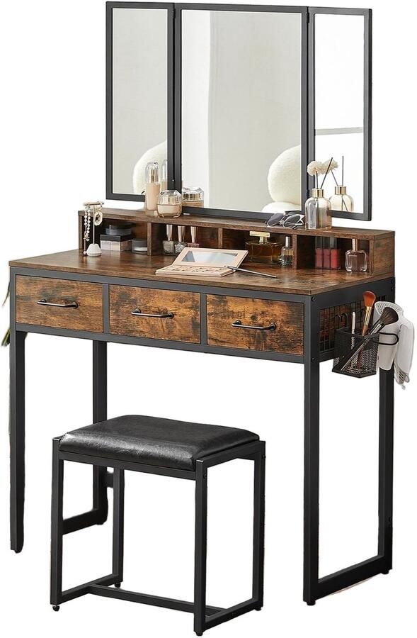 Corenia Kaptafel – Make-uptafel – Toiletmeubel – Schminktafel – Industrieel – 3 Ruime Lades – Draaibare Spiegel – Vintage Bruin-Zwart
