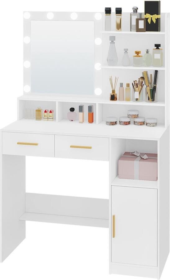 Corenia Kaptafel – Make-uptafel – Visagiekast – Beautytafel – Make-upmeubel – Verstelbare LED-verlichting – Ruime Opbergruimte met Lades en Kastje – Wit