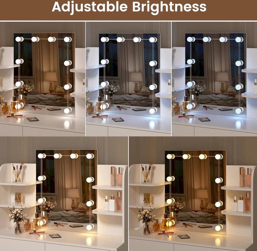 Corenia Kaptafel – Make-uptafel – Visagietafel – Beautytafel – Dressing table – Dimbare LED-verlichting – Verstelbare kruk van melaminehout - Foto 2