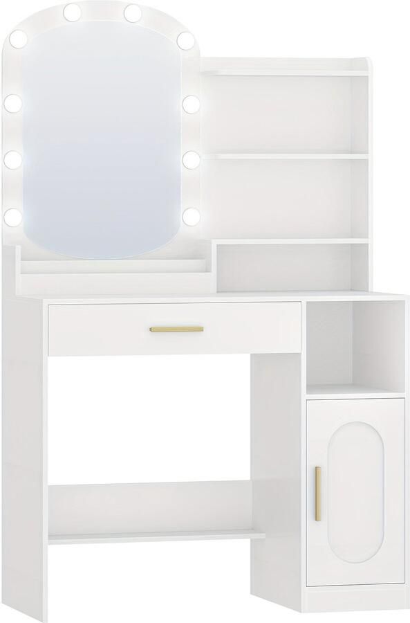 Corenia Kaptafel – Make-uptafel – Visagietafel – Schminktafel – Vanitytafel – Ovale Spiegel – LED-verlichting Met Dimbare Drie Kleuren – Opbergruimte Met Lade En Kastje – Wit