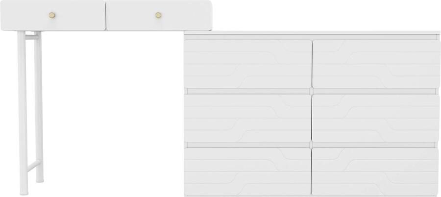 Corenia Kaptafel Zonder Stoel en Spiegel Inclusief Uittrekbare Ladekast Opbergkast 180 x 40 x 85cm Drie Niveaus Zes Lades Wit