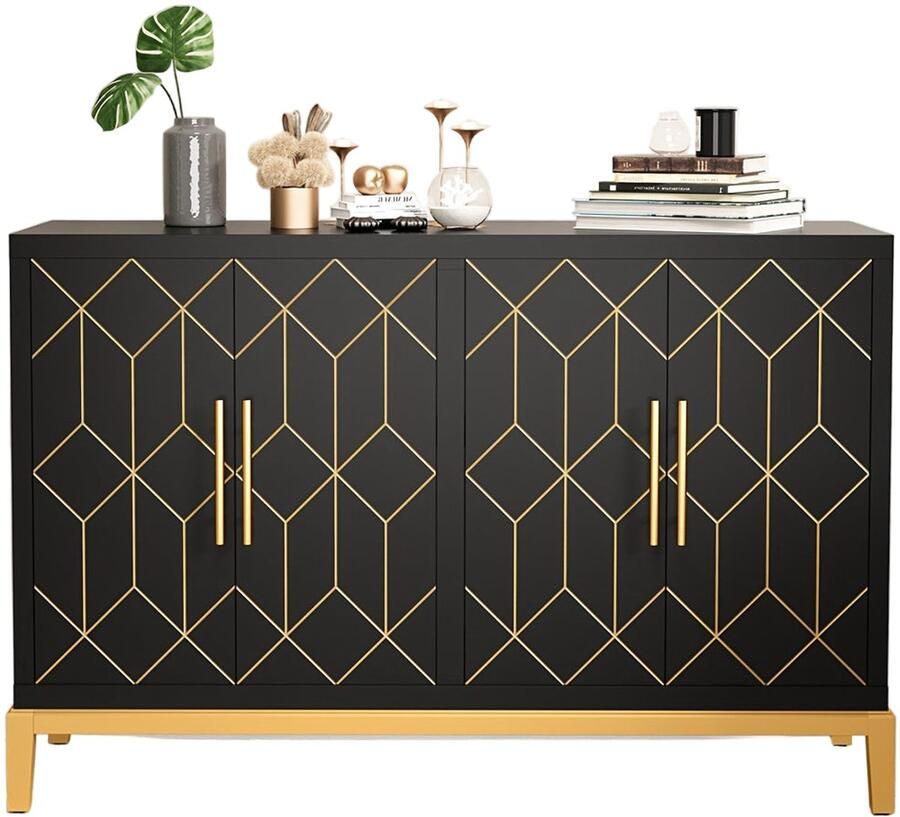 Corenia Kast – Opbergkast – Dressoir – Garderobekast – Vrijstaand – Verstelbare Planken – Zwart Met Gouden Accenten