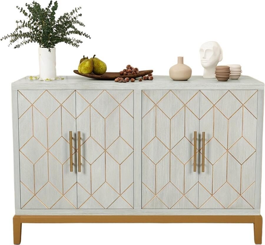 Corenia Kast – Opbergkast – Dressoir – Garderobekast – Vrijstaande Kast Groen – 4 Deuren – Verstelbare Planken – Gouden Accenten – Massief Hout & Vezelplaat