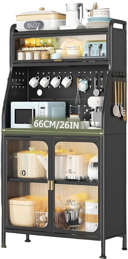 Corenia Keukenbuffet – Keukenkast – Dressoir – Opbergkast – Serveerkast – Op Wieltjes – Met Verstelbare Planken – Hoog Zwart Metaal 66 cm