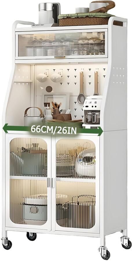 Corenia Keukenbuffet – Keukenkast – Opbergkast – Werkbank – Dressoir – Met Wielen – Verstelbare Planken – Metaal – Wit – 66 cm Breedte