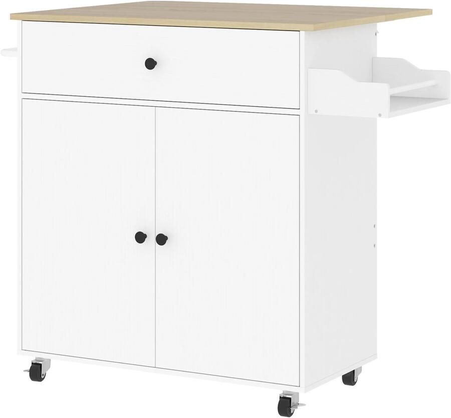 Corenia Keukeneiland – Keukentrolley – Keukenkast – Kookeiland – Werkblad – Uitklapbaar Werkblad – Melamine Afwerking Wit en Eiken