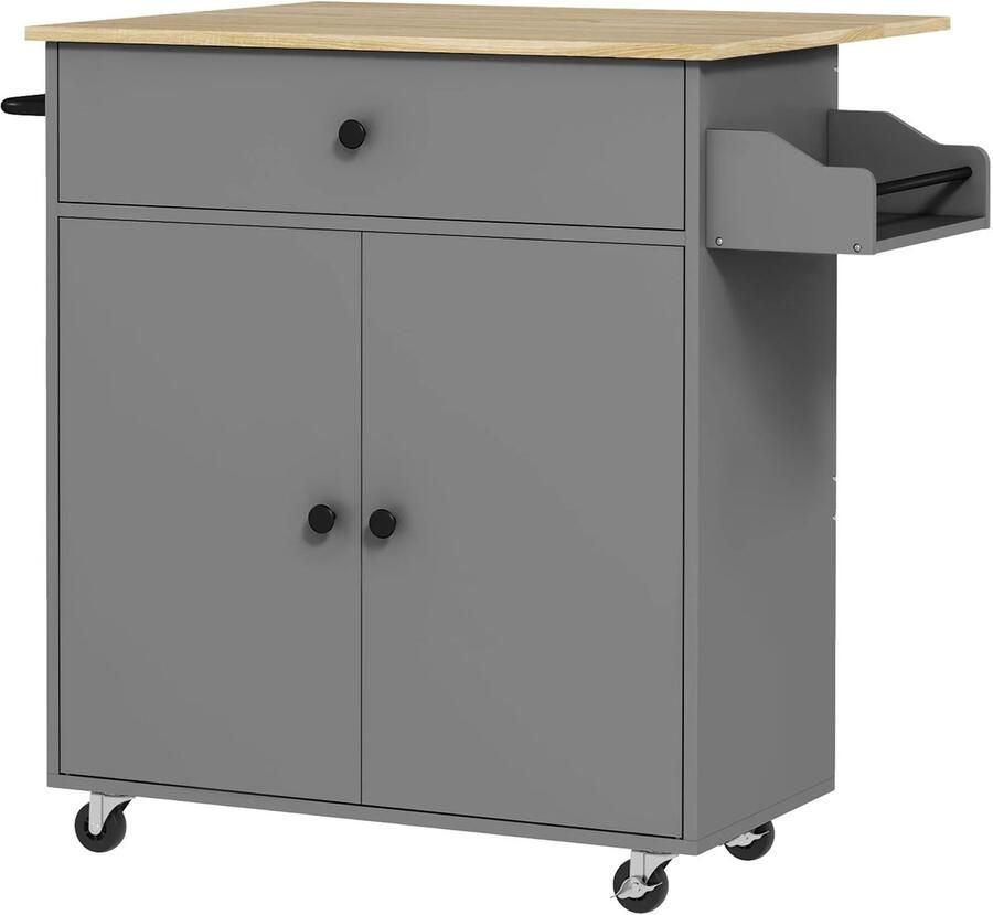 Corenia Keukeneiland – Keukentrolley – Kookeiland – Keukenkast – Serveerwagen – Inklapbaar Werkblad – Met Wieltjes En Opbergruimte Grijs en Eiken