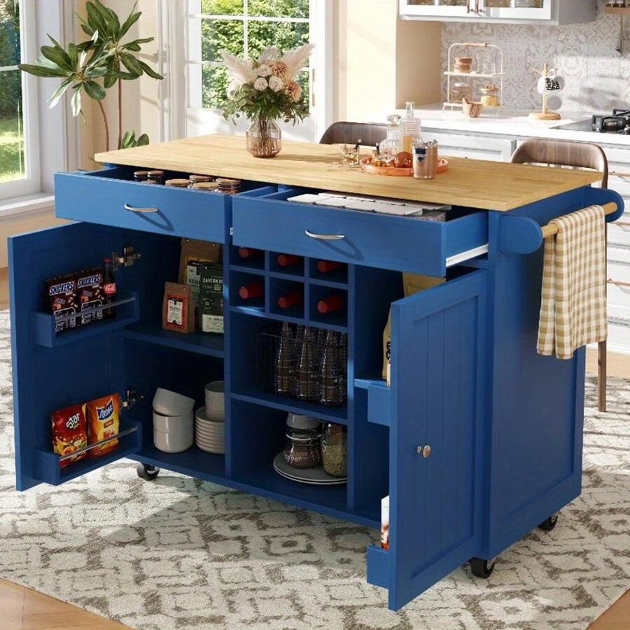 Corenia Keukeneiland – Keukenwagen – Keukentrolley – Buffetkast – Opbergkast – Blauw Met Houtnerf – 102x45x92 cm – Duurzaam Met Metaalframe