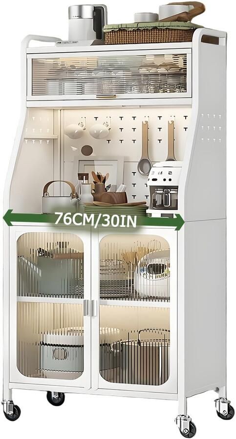 Corenia Keukenkast – Buffetkast – Hoge Kast – Keukenmeubel – Woonkamerkast – Op Wieltjes – Verstelbare Planken – Wit 76 cm Breed