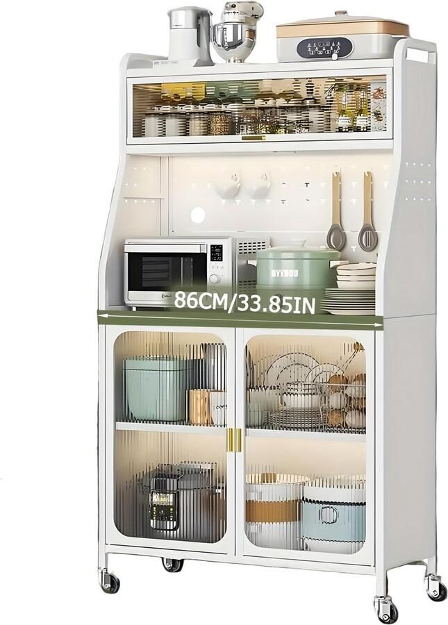 Corenia Keukenkast – Buffetkast – Hoge Kast – Opbergkast – Keukenmeubel – Met Wieltjes – Verstelbare Planken – Metaal Wit 86 cm Hoog