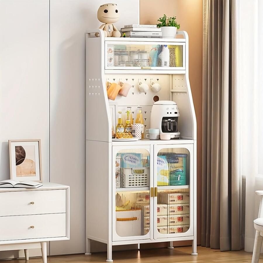 Corenia Keukenkast – Hoge Kast – Opbergkast – Magnetronkast – Buffetkast – Met Wielen – Verstelbare Planken – Met Werkblad – Stabiel Metaal – 86x36x160 cm – Wit