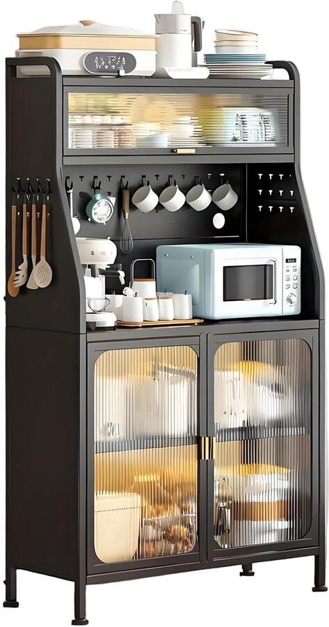 Corenia Keukenkast – Opbergkast – Magnetronkast – Hoge Kast – Keukenrek – Met Wieltjes – 5 Verstelbare Planken – Zwart Metaal 160x86x36 cm