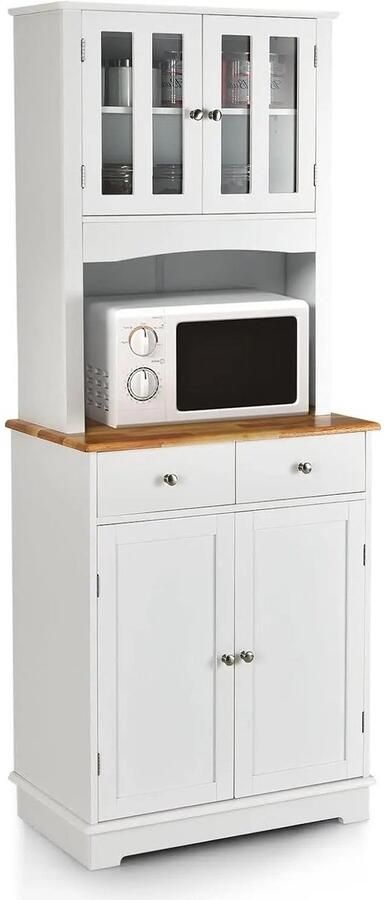 Corenia Keukenkast hoog 170 cm buffetkast hout hoge kast met 2 laden & verstelbare planken & glazen deuren & draadgat keukenbuffet vrijstaand buffet voor keuken eetkamer wit