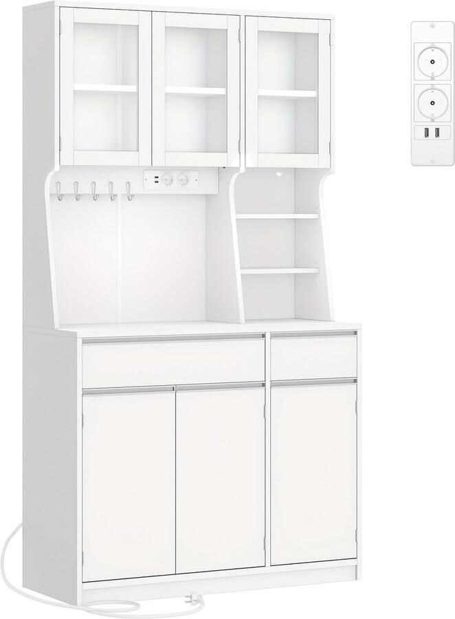 Corenia Keukenkast – Keukenbuffet – Keukenkastje – Opbergkast – Witte Keukenkast – Led-verlichting – Ingebouwde Stopcontacten – Verstelbare Planken – 100x40x180 cm – Hardhouten Constructie