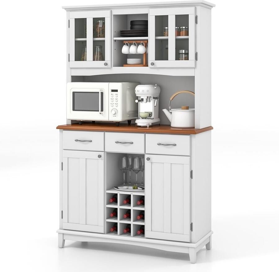 Corenia Keukenkast – Keukenbuffet – Opbergkast – Buffetkast – Voorraadkast – Hoogwit MDF – Verstelbare Glazen Planken – Wijnrek 9 Flessen – 112x43x184 5 cm