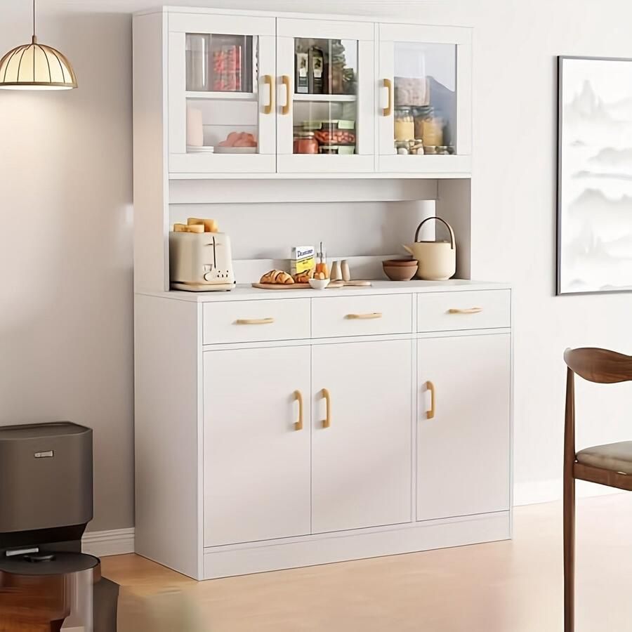 Corenia Keukenkast – Keukenbuffet – Opbergkast – Keukenmeubel – Kast Met Glazen Deuren – 170x100x30 cm – Wit – Hout – 6 Kasten – 3 Lades – Duurzaam & Vochtbestendig