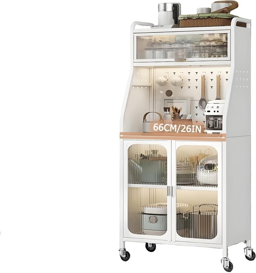 Corenia Keukenkast – Keukenbuffet – Opbergkast – Keukenpantry – Keukenonderkast – Met Wielen – Verstelbare Legplanken – Hoog – Met Werkblad – Wit – 66x36x160 cm